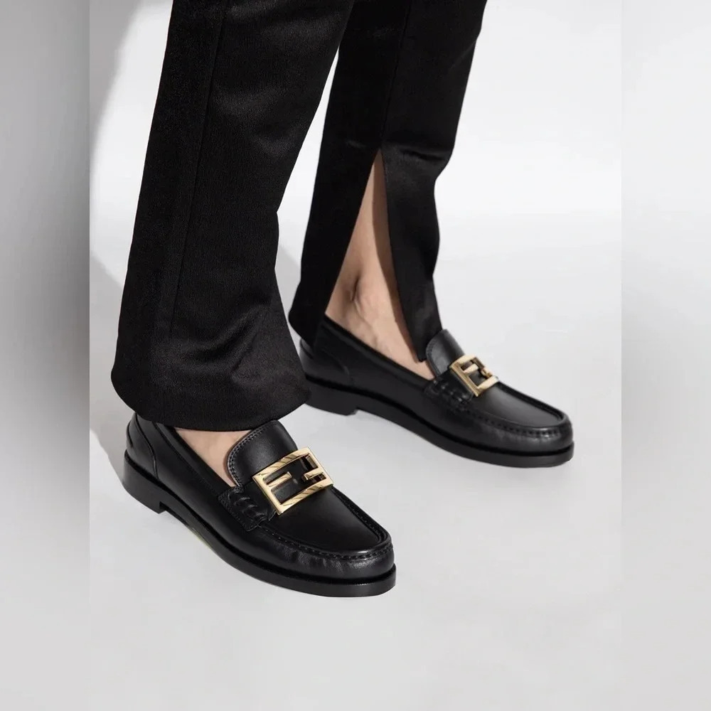 New Fendi Black Slip On Baguette Loafer with Gold Monogram Buckle SIZE 10.5 - Picture 2 of 14